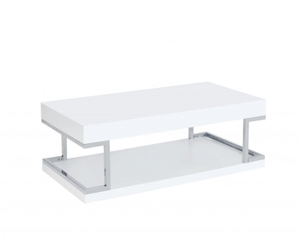 47" Chrome And White High Gloss Manufactured Wood And Metal Rectangular Coffee Table With Shelf