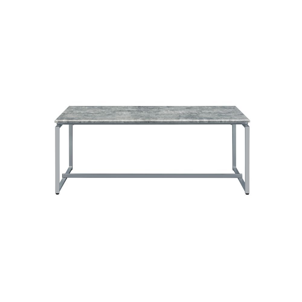 47" Silver And Faux Concrete Pvc Veneer Rectangular Coffee Table