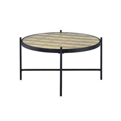 35" Black And Gold Glass And Manufactured Wood Round Coffee Table