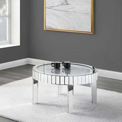 32" Clear And Silver Glass Round Mirrored Coffee Table