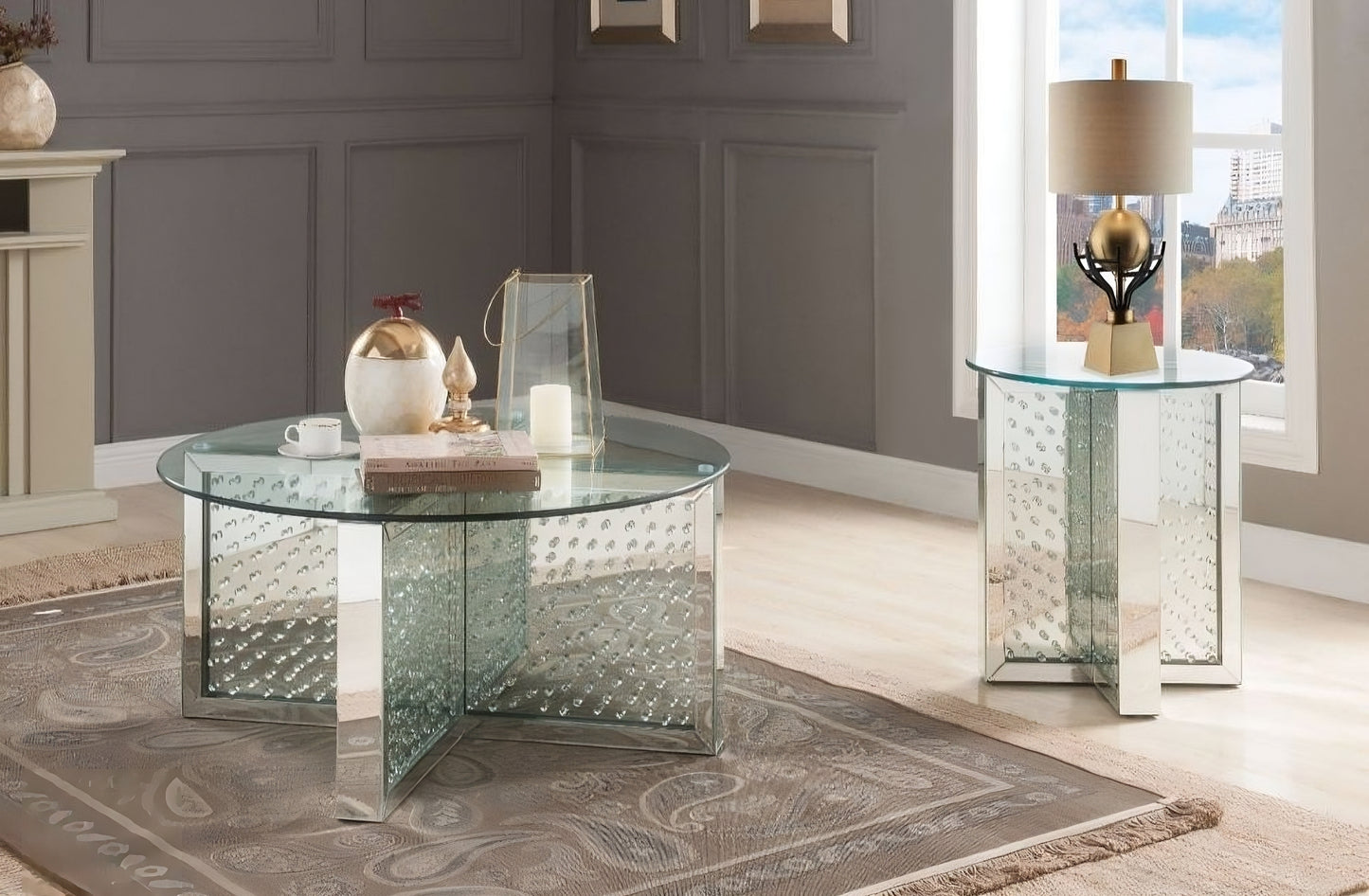 40" Clear And Silver Glass Round Mirrored Coffee Table