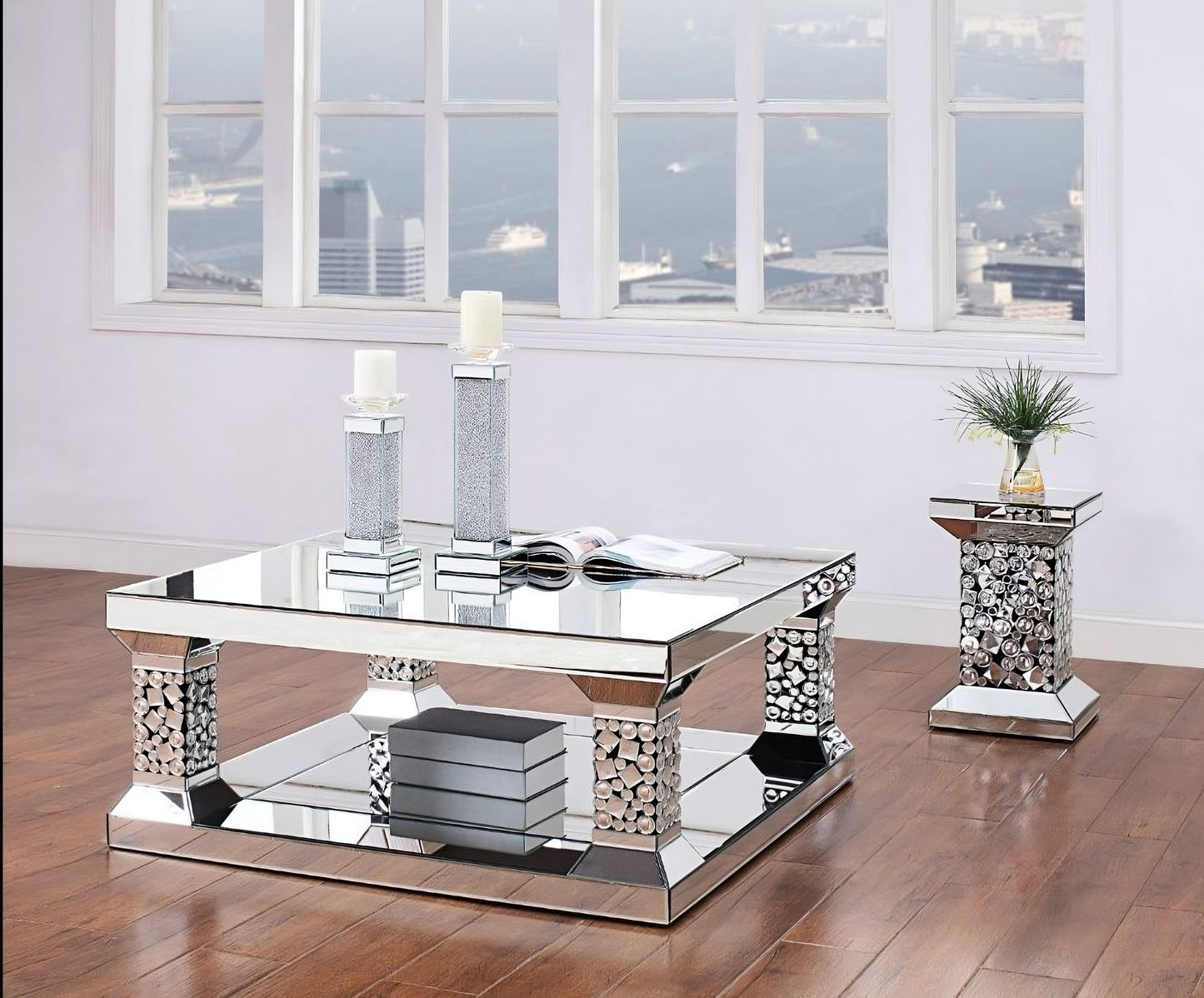 40" Silver Glass Square Mirrored Coffee Table With Shelf