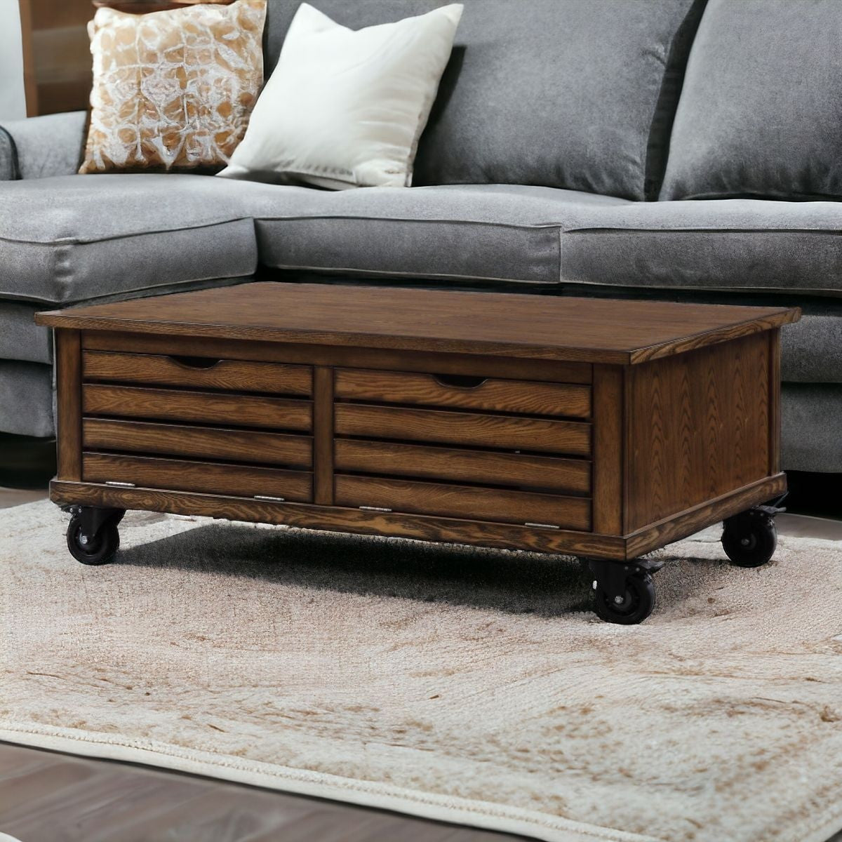 48" Oak Solid And Manufactured Wood And Metal Coffee Table