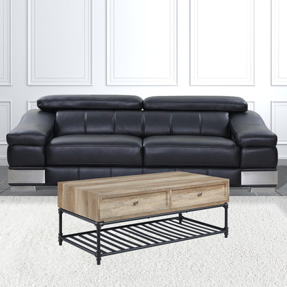 47" Sandy Black And Oak Paper Veneer And Metal Rectangular Coffee Table With Two Drawers And Shelf