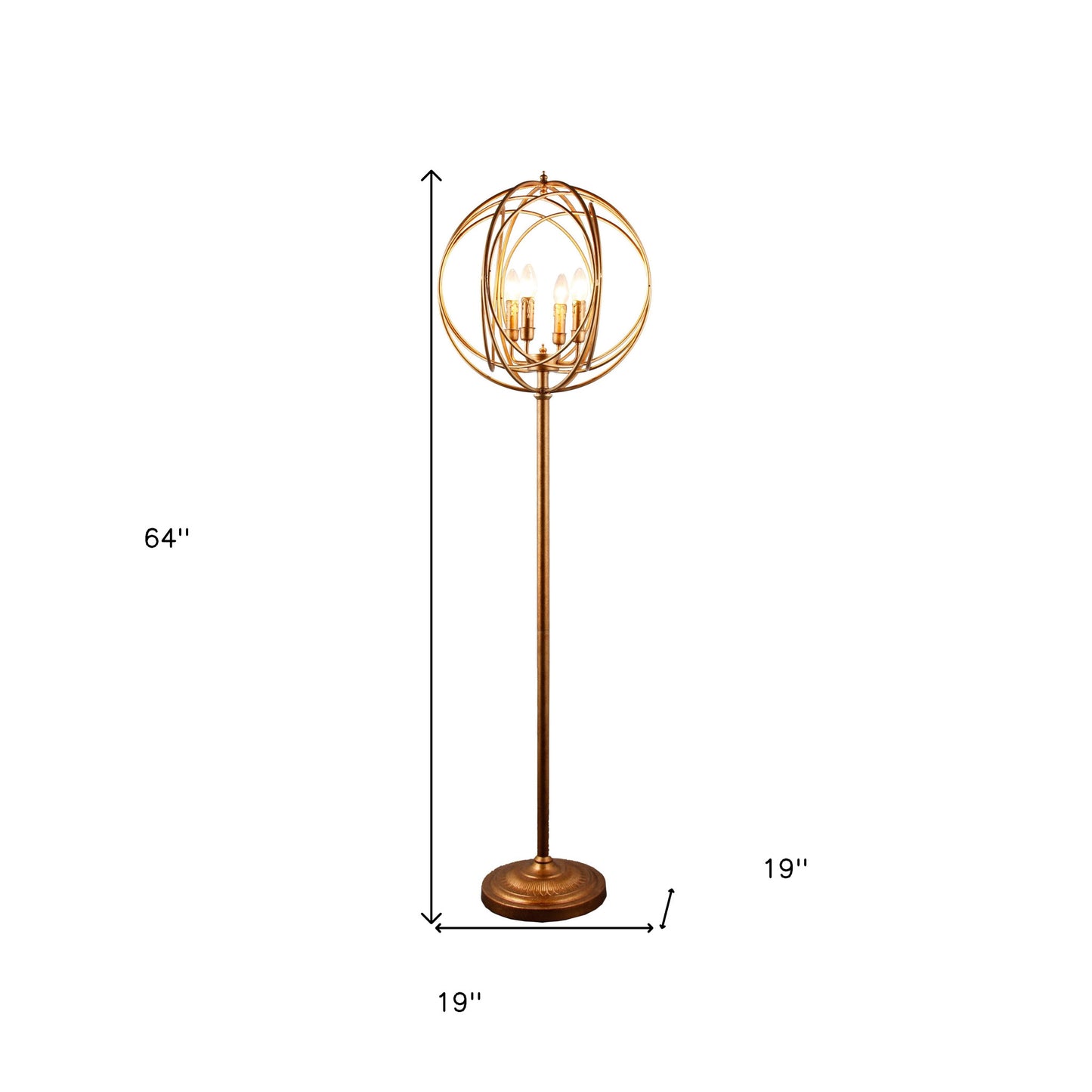 64" Gold Four Light  Floor Lamp With Modern Gold Geometric Globe Shade