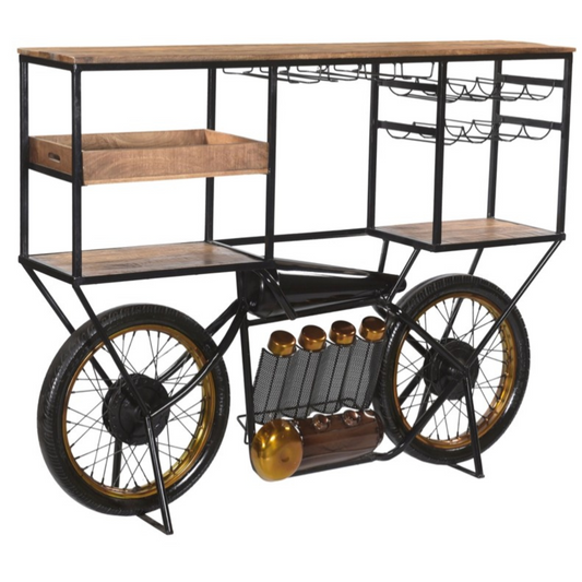 Brown and Black Metal And Solid Wood Bar Cart With Wine Storage