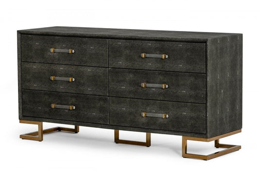 63" Grey Shagreen Faux Leather And Gold Six Drawer Double Dresser