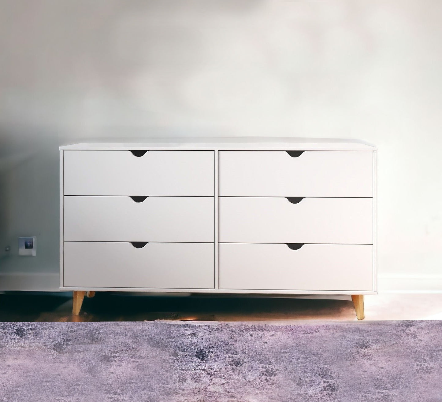 59" White Scoop Handle Six Drawer Double Dresser