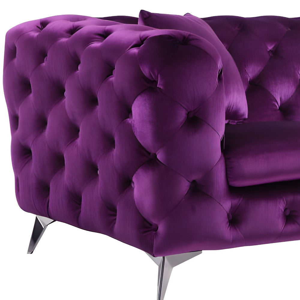 90" Purple Velvet Chesterfield Sofa With Silver Legs