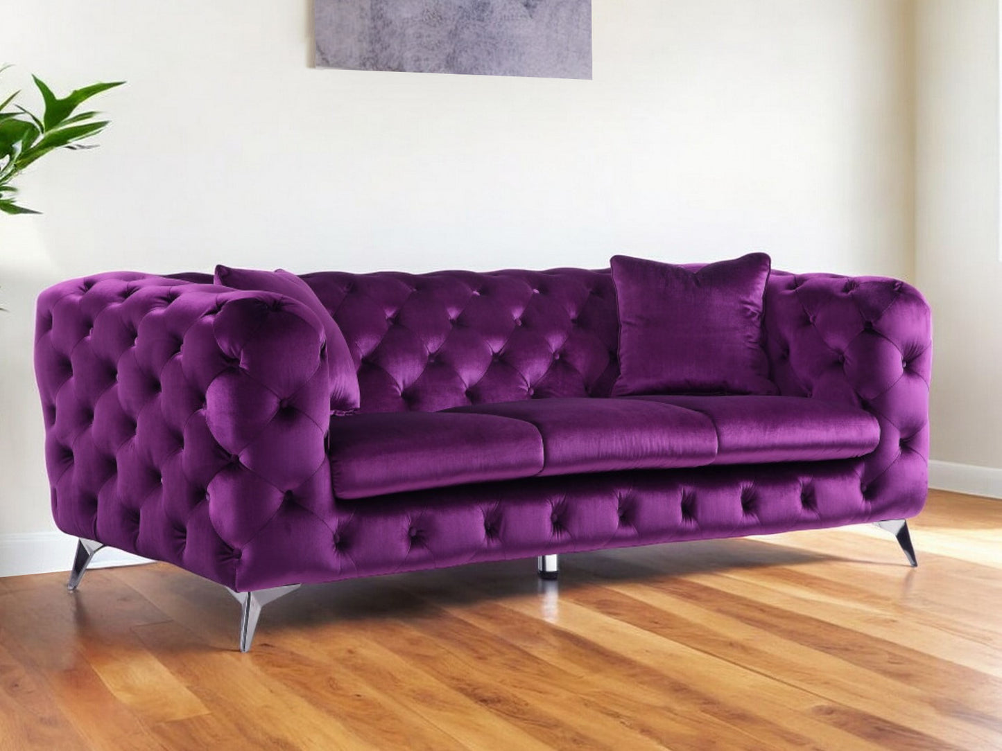 90" Purple Velvet Chesterfield Sofa With Silver Legs