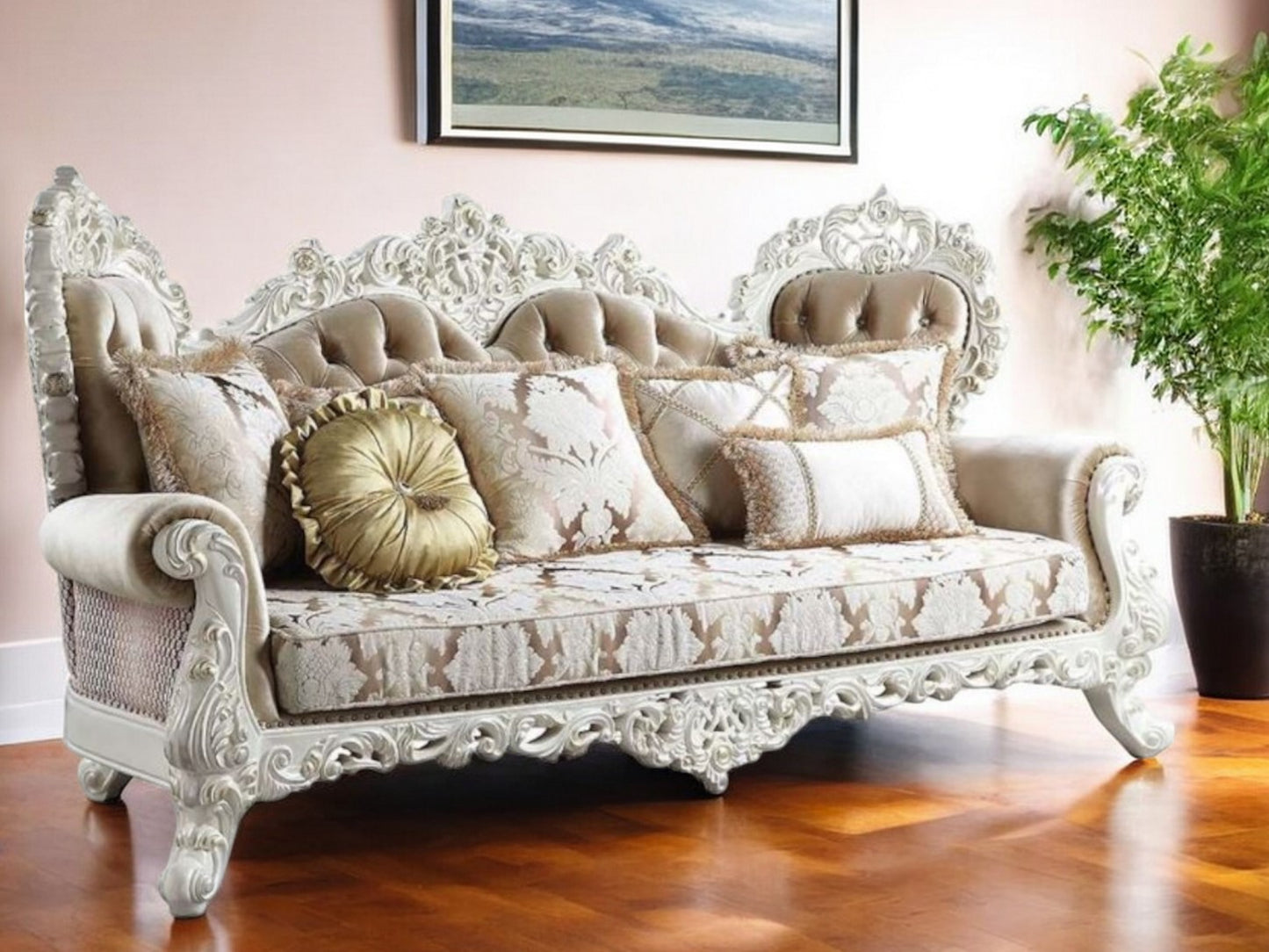 97" Fabric Polyester Damask Sofa And Toss Pillows With White Legs