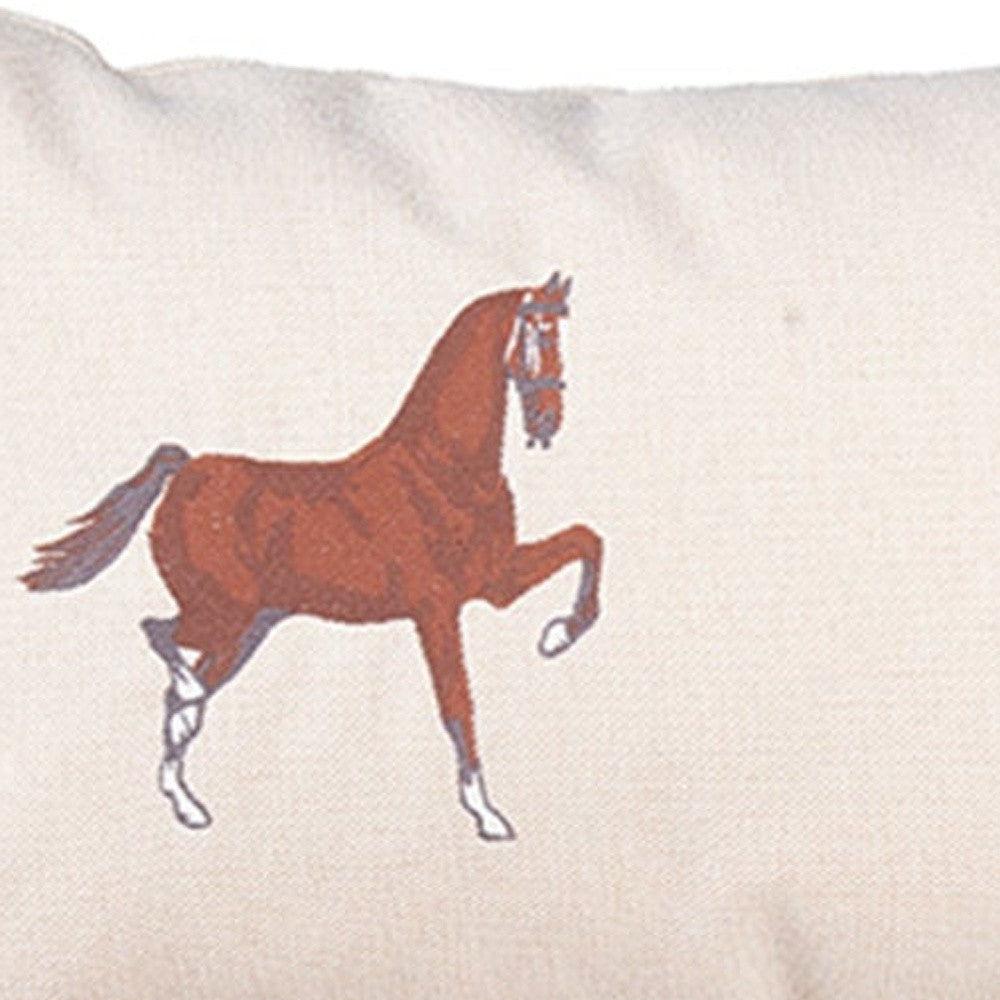 Set Of Two 20" X 12" Beige And Brown Horse Zippered Handmade Faux Leather Lumbar Pillow With Embroidery