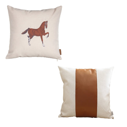 Set Of Two 18" X 18" Beige And Brown Horse Faux Leather Zippered Pillow With Embroidery