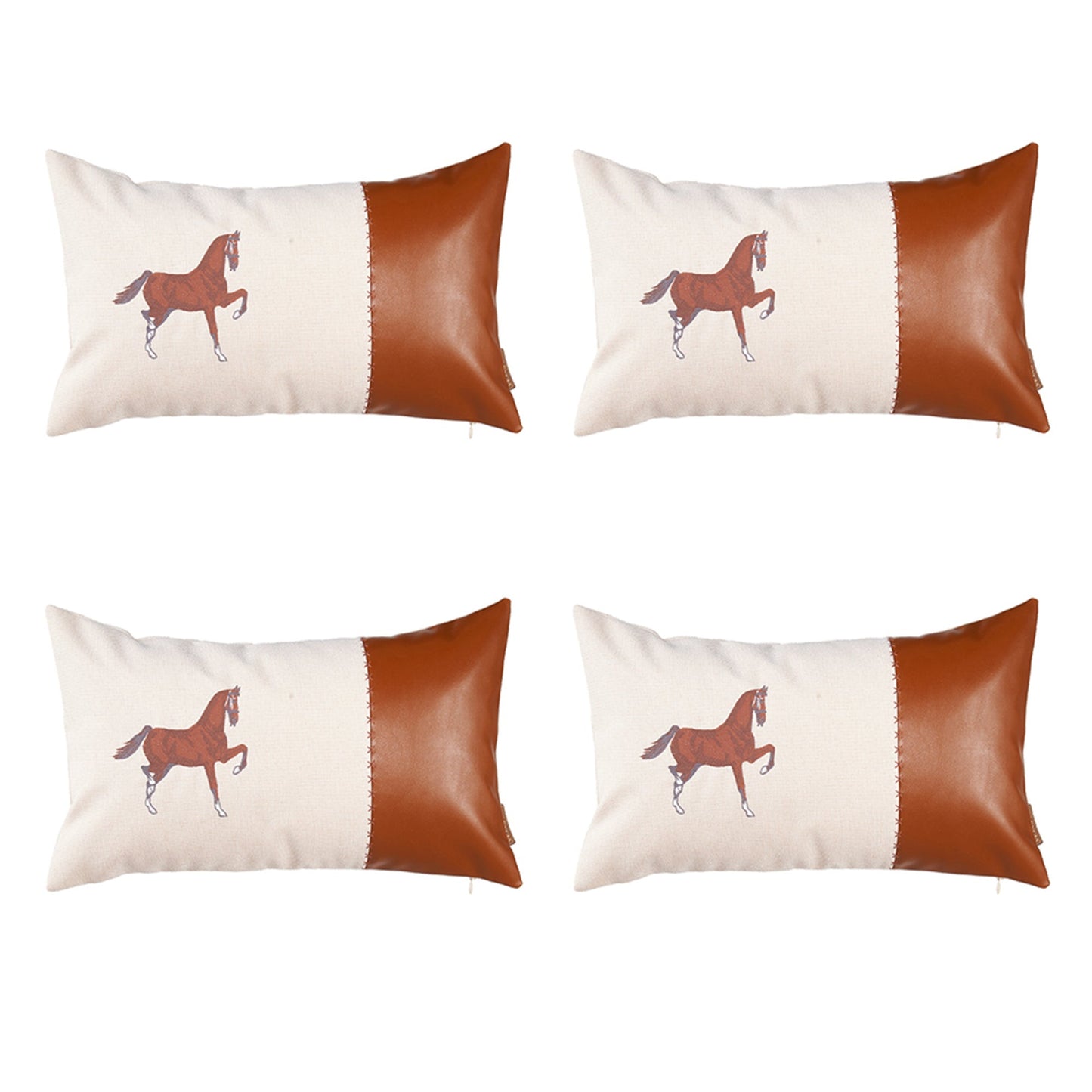 Set Of Four 20" X 12" Beige And Brown Horse Faux Leather Zippered Pillow With Embroidery