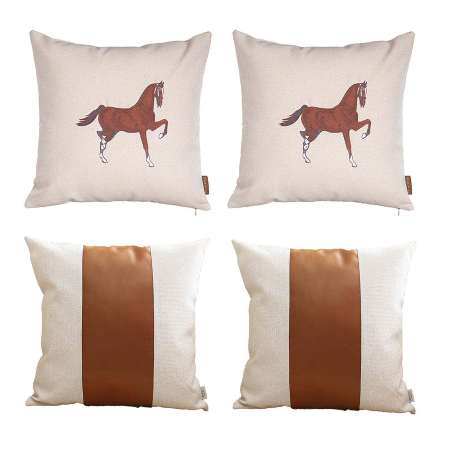 Set Of Four 18" X 18" Beige And Brown Horse Faux Leather Zippered Pillow With Embroidery