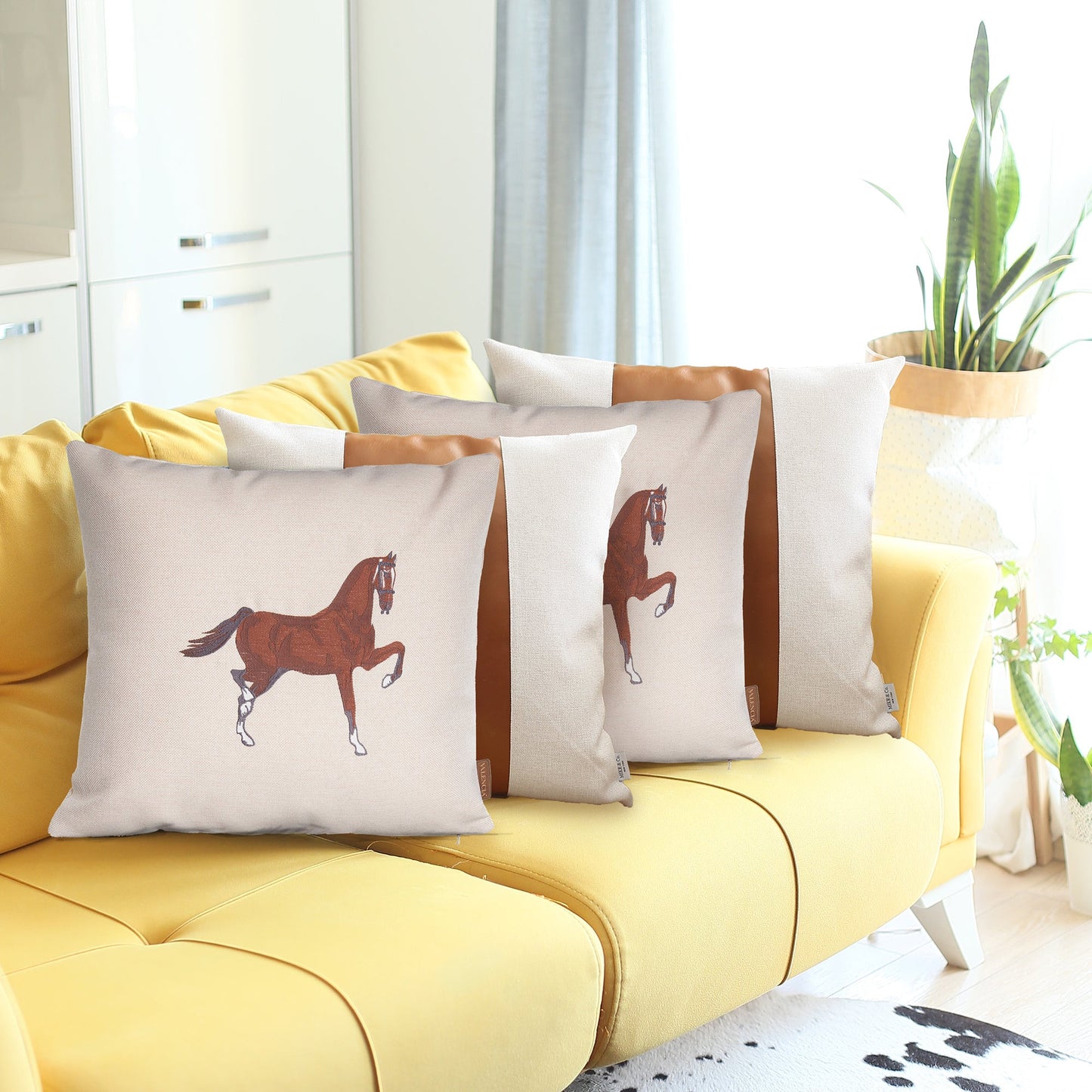 Set Of Four 18" X 18" Beige And Brown Horse Faux Leather Zippered Pillow With Embroidery