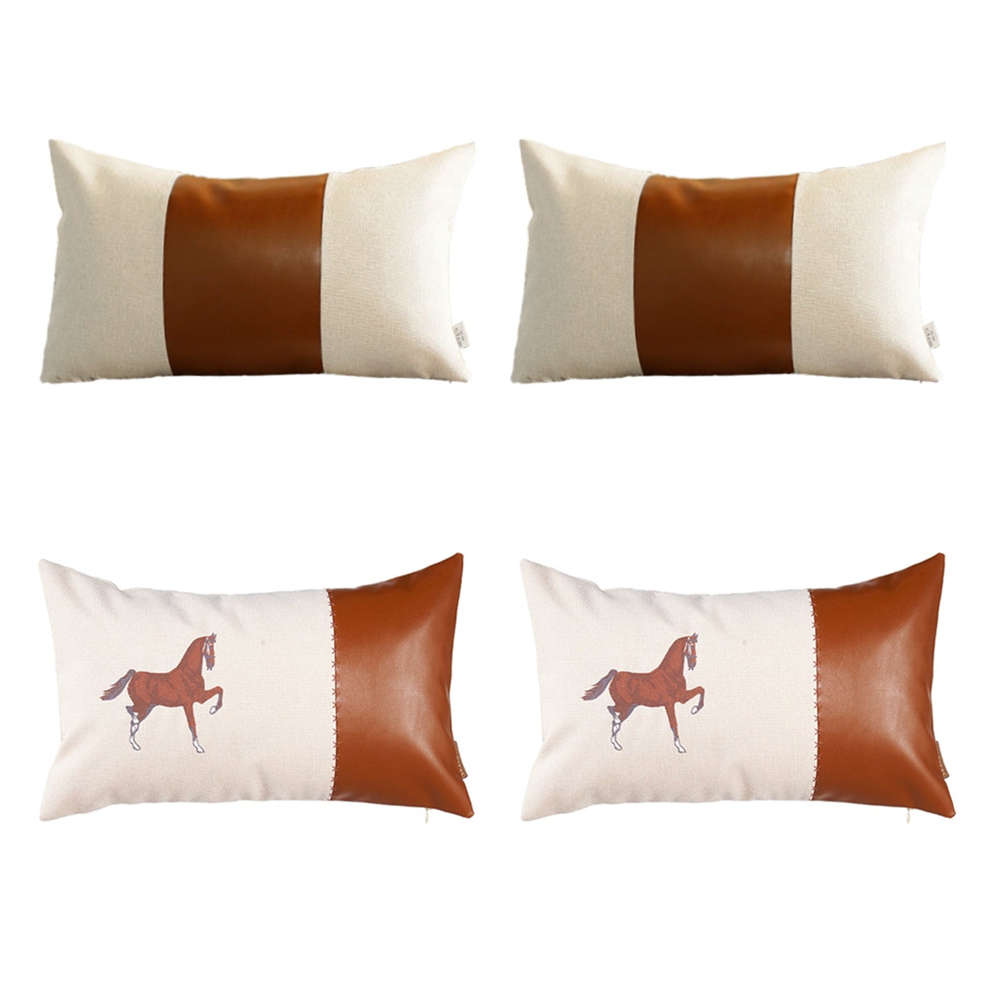 Set Of Four 20" X 12" Beige And Brown Horse Faux Leather Zippered Pillow With Embroidery