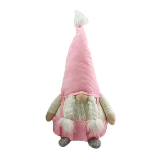 22" Pink and White Fabric Standing Gnome