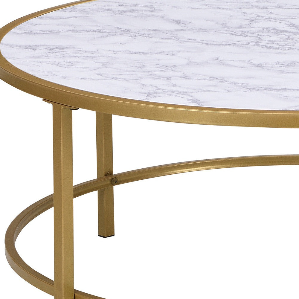 36" White And Gold Faux Marble And Metal Round Coffee Table