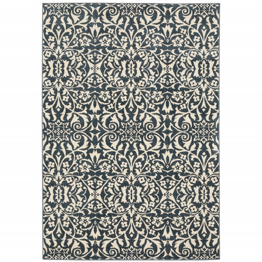 10' X 13' Blue And Ivory Floral Power Loom Stain Resistant Area Rug