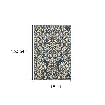 10' X 13' Blue And Ivory Floral Power Loom Stain Resistant Area Rug