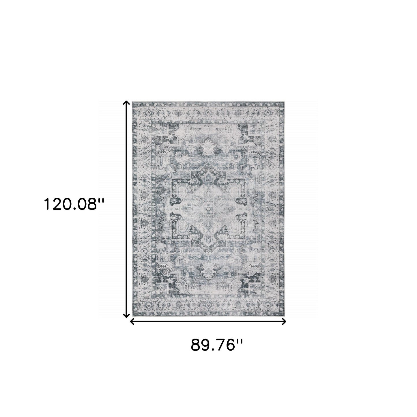 7' X 10' Navy Blue Ivory And Grey Oriental Printed Stain Resistant Non Skid Area Rug