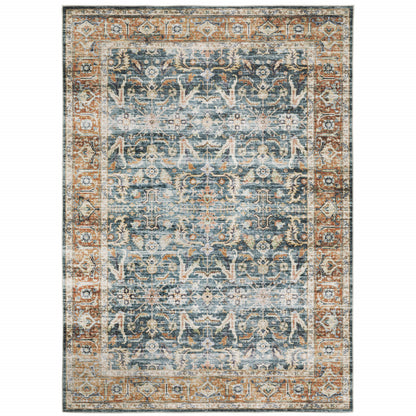 4' X 6' Blue Rust Gold And Olive Oriental Printed Stain Resistant Non Skid Area Rug