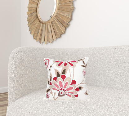 18"x18" Rose and White 100% Cotton Floral Zippered Pillow