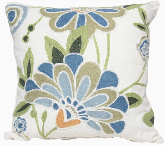 18"x18" Blue and White 100% Cotton Floral Zippered Pillow