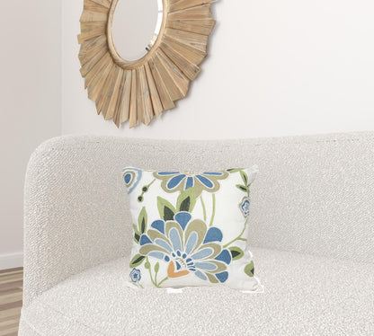 18"x18" Blue and White 100% Cotton Floral Zippered Pillow