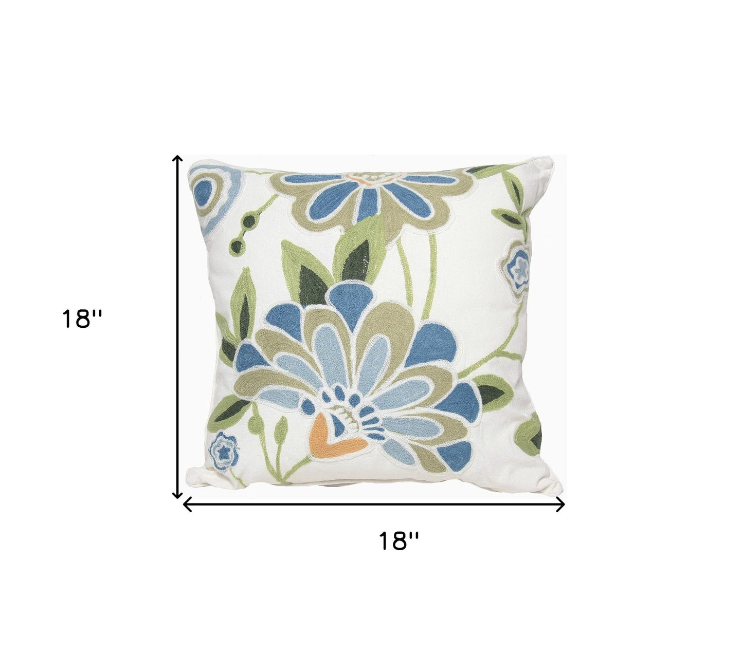 18"x18" Blue and White 100% Cotton Floral Zippered Pillow