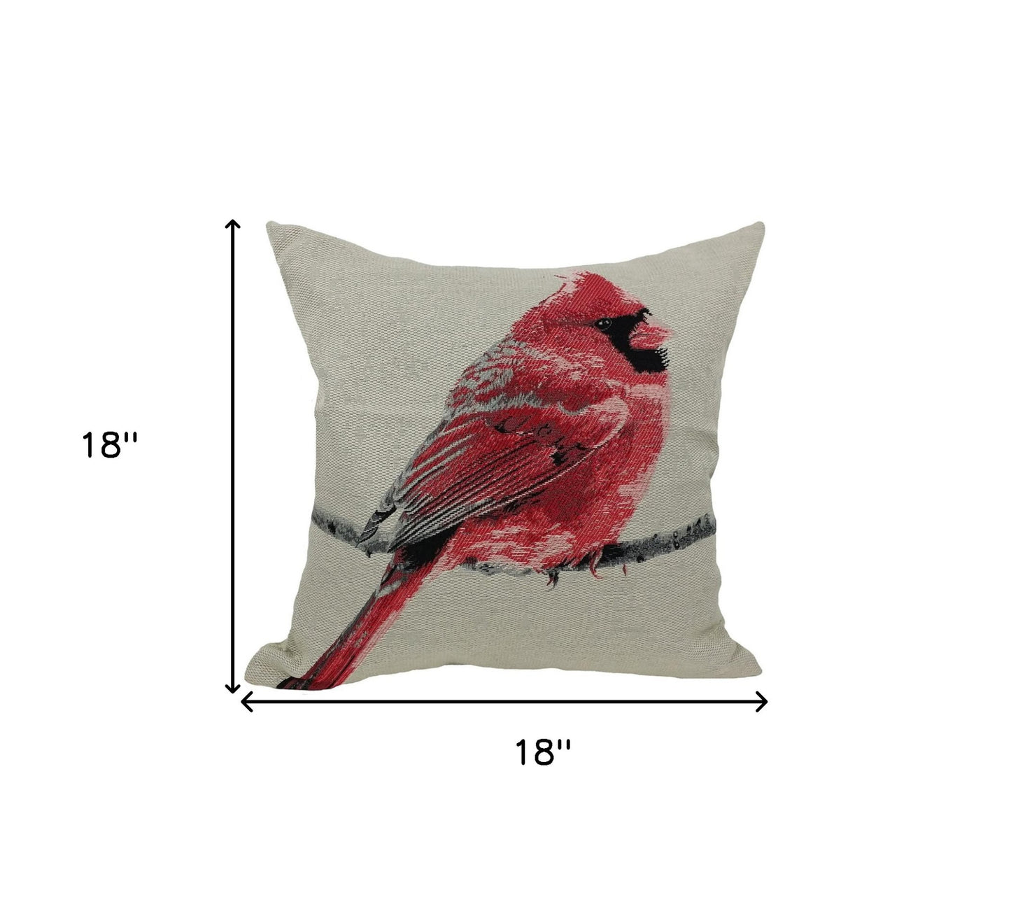 18"x18" Red Cardinal Polyester and Cotton Blend Zippered Pillow With Embroidery