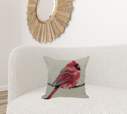 18"x18" Red Cardinal Polyester and Cotton Blend Zippered Pillow With Embroidery