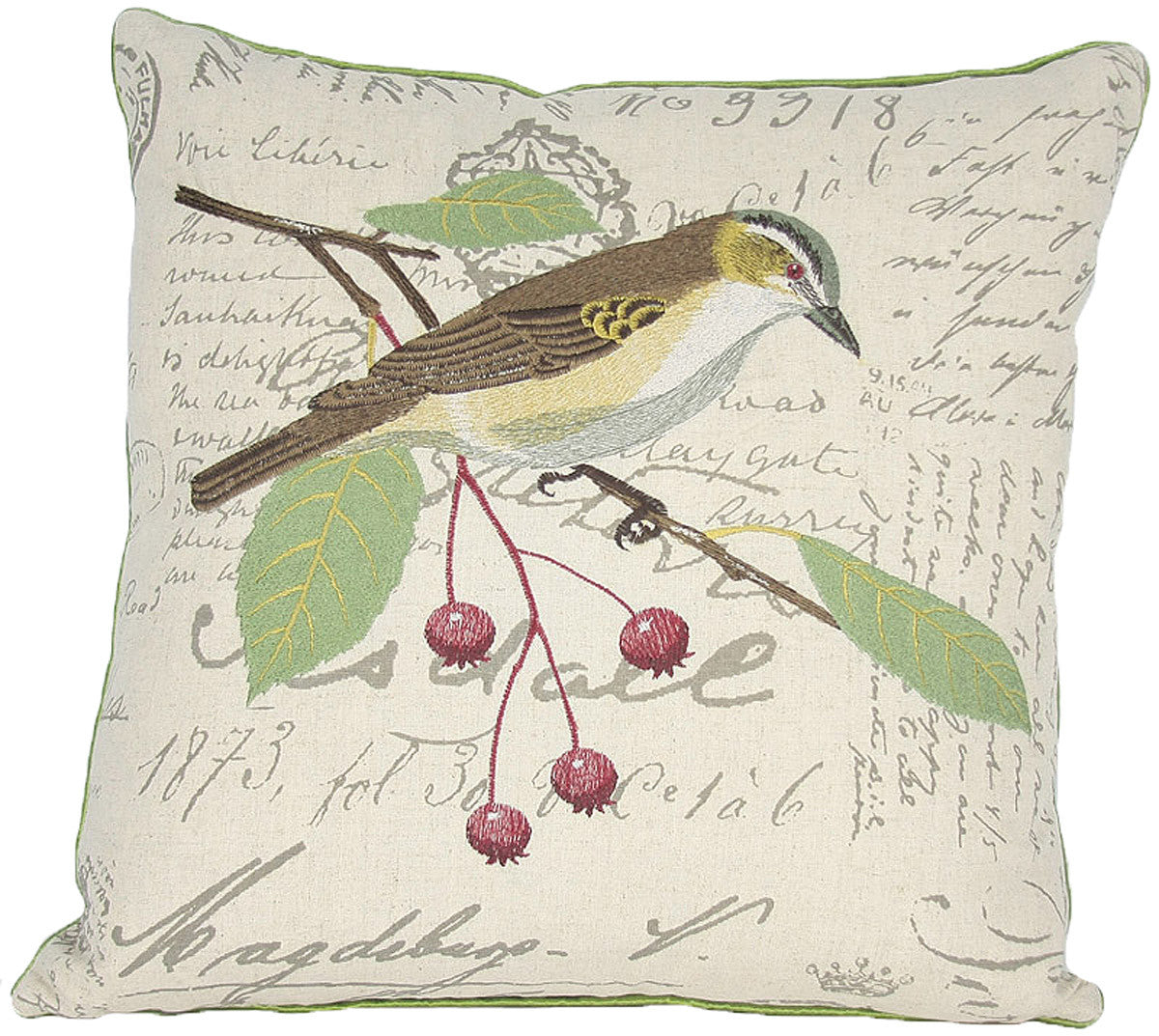 18"x18" Beige and Green Bird Linen Blend Bird Print Zippered Pillow