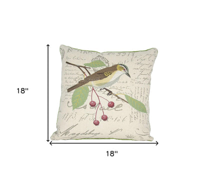 18"x18" Beige and Green Bird Linen Blend Bird Print Zippered Pillow