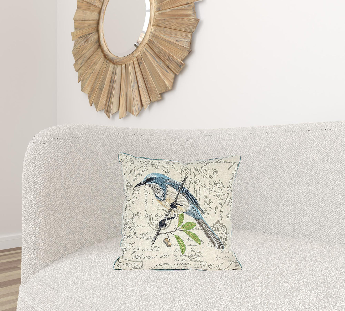 18"x18" Beige and Aqua Bird Linen Blend Bird Print Zippered Pillow