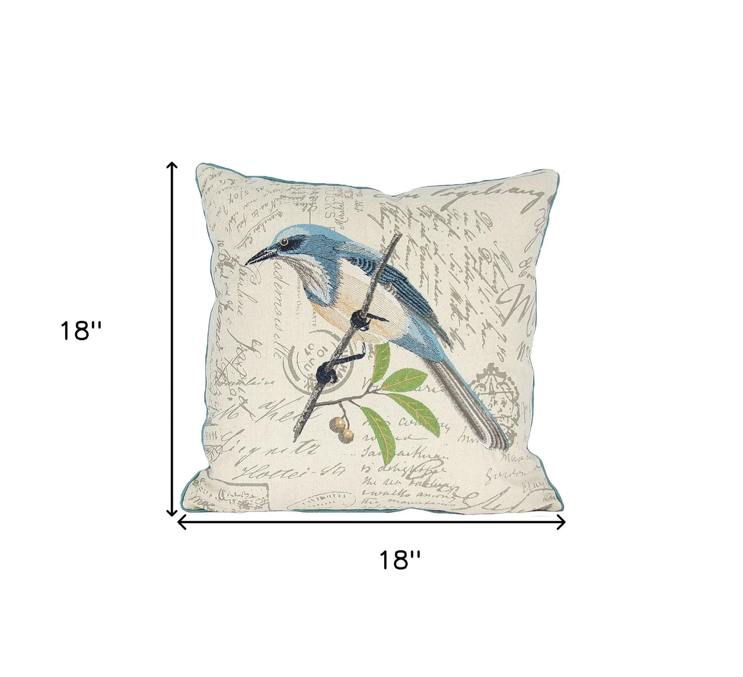 18"x18" Beige and Aqua Bird Linen Blend Bird Print Zippered Pillow