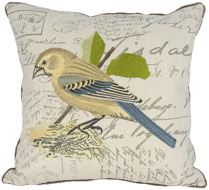 18"x18" Beige and Brown Bird Linen Blend Bird Print Zippered Pillow