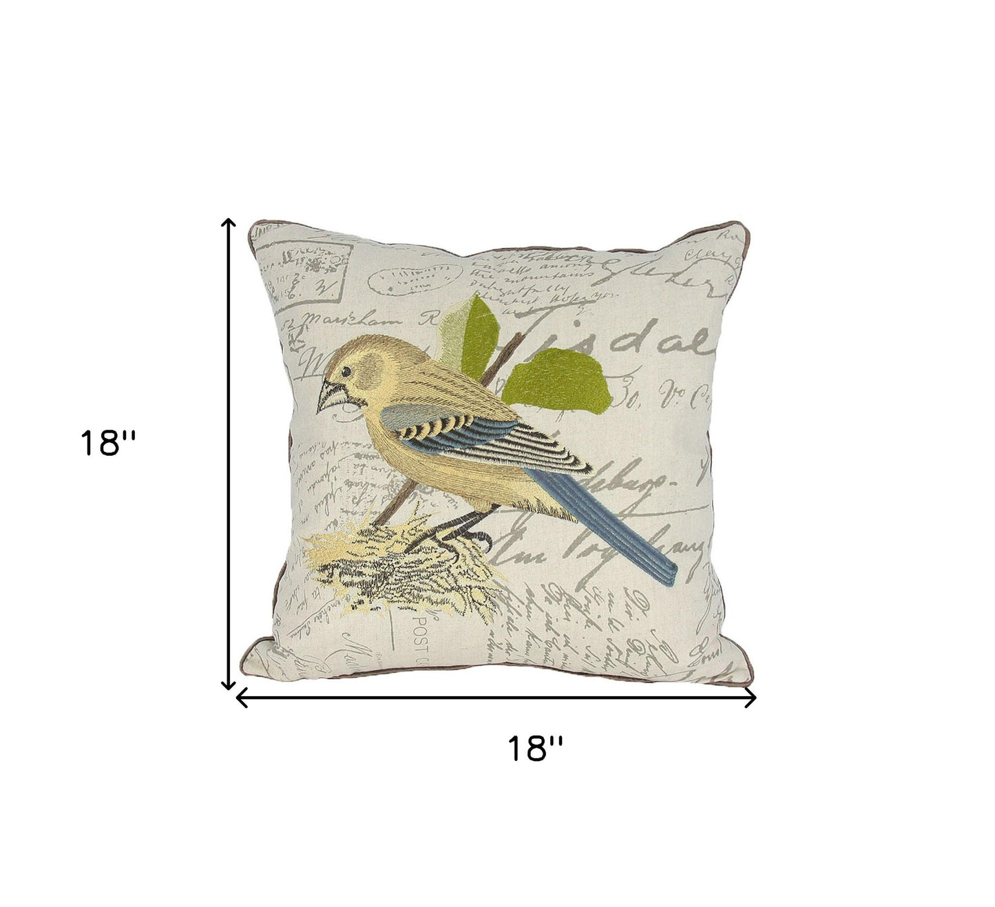 18"x18" Beige and Brown Bird Linen Blend Bird Print Zippered Pillow