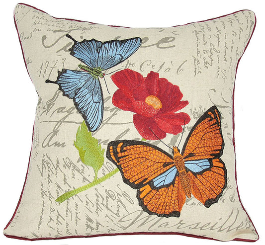 18"x18" Beige and Red Butterfly Linen Blend Floral Zippered Pillow