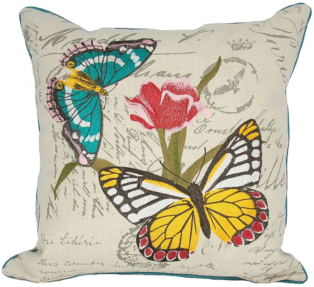 18"x18" Beige and Aqua Butterfly Linen Blend Floral Zippered Pillow