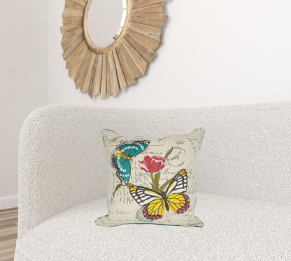 18"x18" Beige and Aqua Butterfly Linen Blend Floral Zippered Pillow