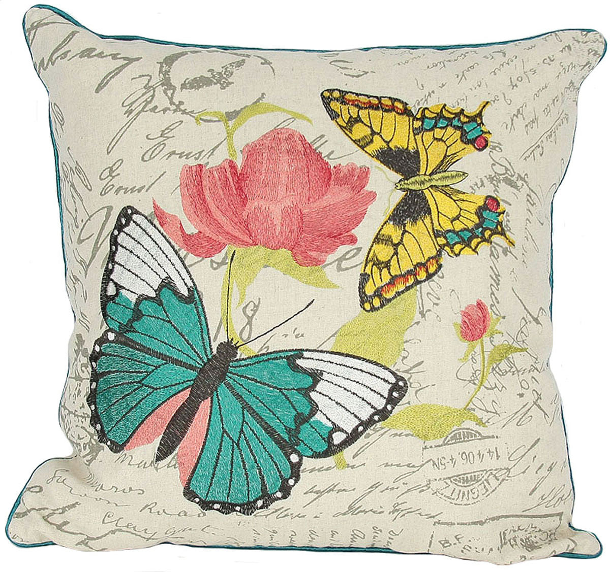 18"x18" Beige and Aqua Butterfly Linen Blend Floral Zippered Pillow