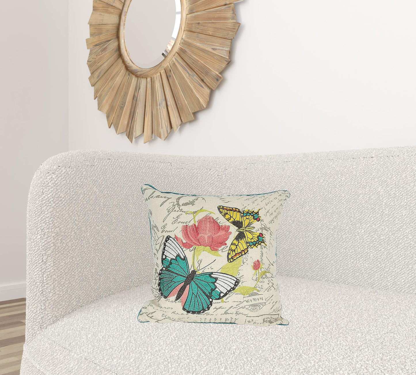 18"x18" Beige and Aqua Butterfly Linen Blend Floral Zippered Pillow