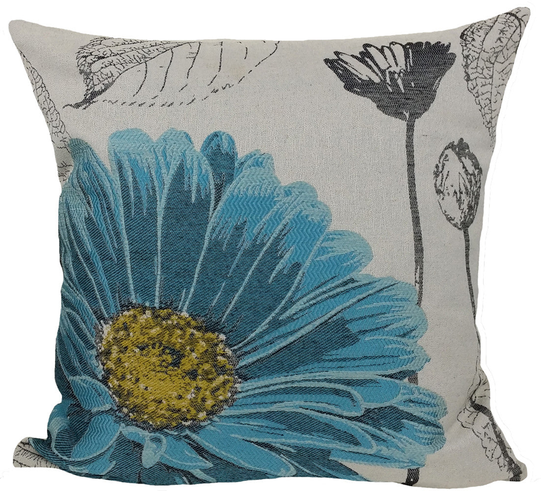 18"x18" Blue Polyester and Cotton Blend Floral Zippered Pillow