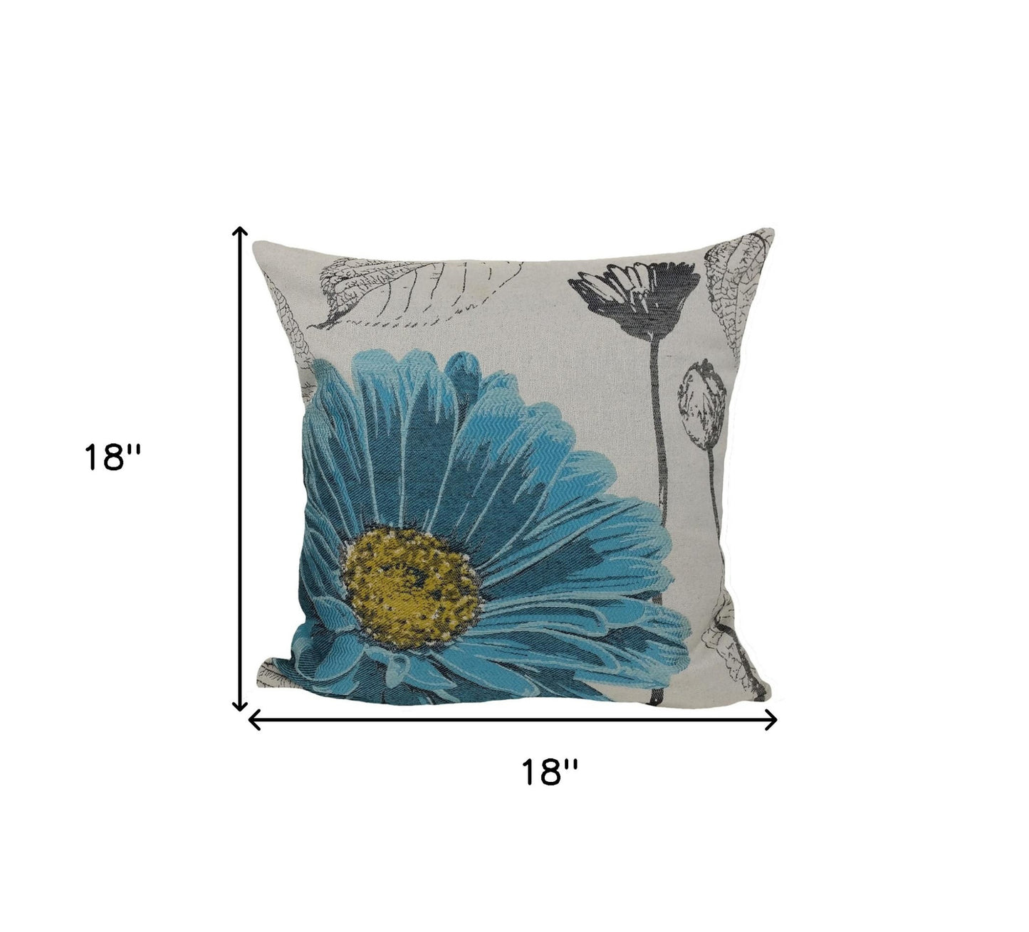 18"x18" Blue Polyester and Cotton Blend Floral Zippered Pillow