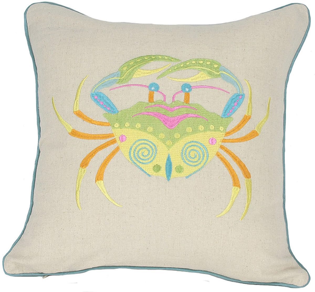 18" x 18" Beige and Aqua Crab Linen Blend Zippered Pillow With Embroidery