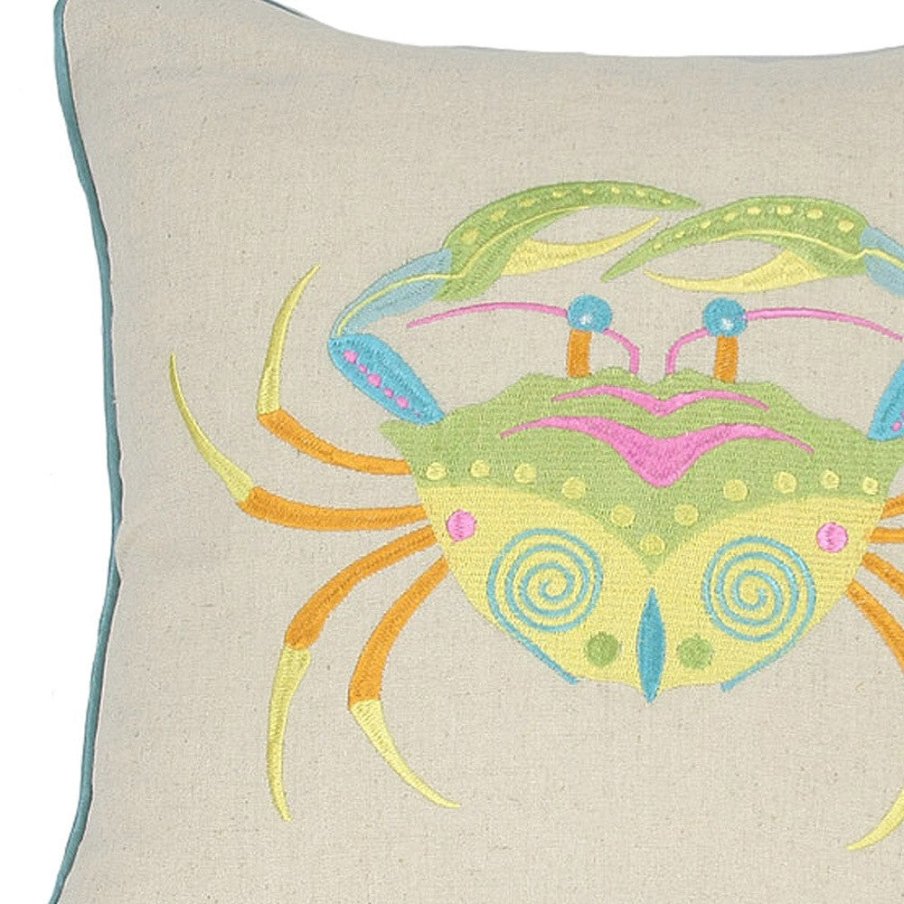 18" x 18" Beige and Aqua Crab Linen Blend Zippered Pillow With Embroidery