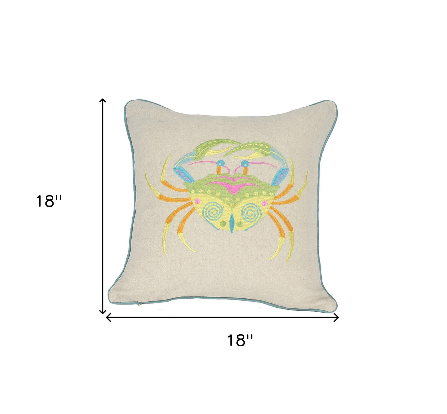 18" x 18" Beige and Aqua Crab Linen Blend Zippered Pillow With Embroidery