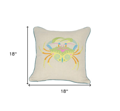 18" x 18" Beige and Aqua Crab Linen Blend Zippered Pillow With Embroidery